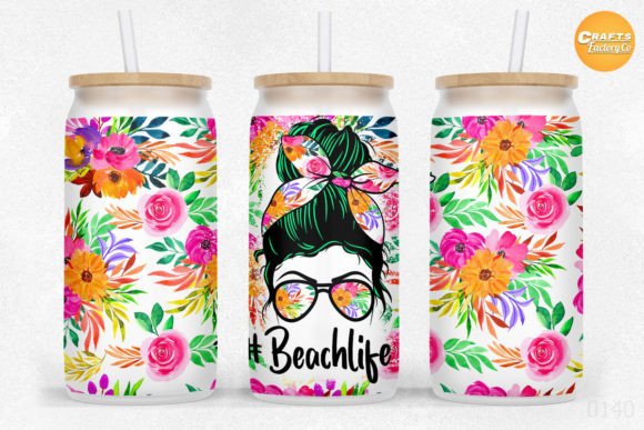16 Oz Libbey Glass Can Beach Life Flower Graphics
