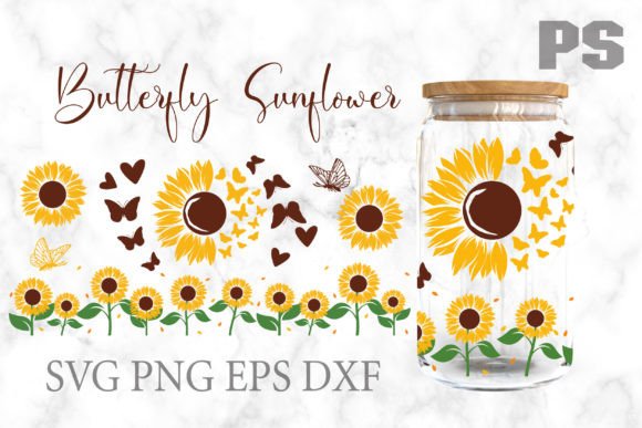 Butterfly Sunflower Libbey Glass Can 16 Graphics & Tumbler Wraps