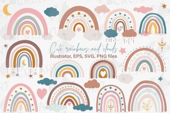 Cute Rainbows, Heart and Clouds Graphics & Print Templates