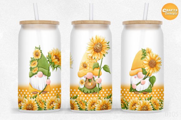 Gnome Sunflower 16oz Glass Can Wrap: Graphics for Crafts & Local Branding